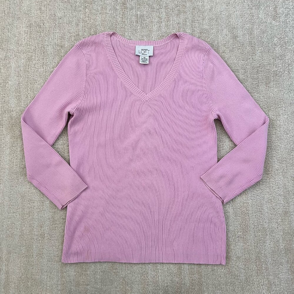 LOFT Pink Cotton Ribbed V Neck Sweater Knit Top XS
